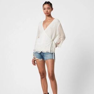 All Saints Zariah Eyelet Embroidered Wrap Top White/Ivory Size 2